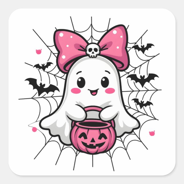 Sticker Carré Fantôme éffrayant avec Pink Bow Sensibilisation au (Devant)