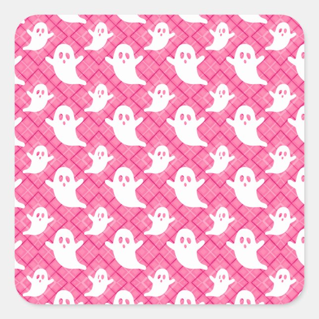 Sticker Carré Fantômes mignons sur plaid rose (Devant)