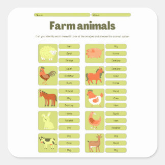 Sticker Carré Farm Animals Identification Educational Worksheet