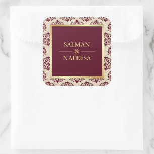 Sticker Carré Faux Gold Foil Bourgogne Mariage damassé