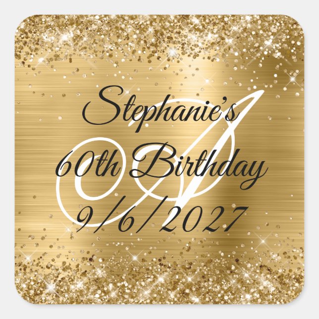 Sticker Carré Faux Gold Parties scintillant et Foil 60e annivers (Devant)