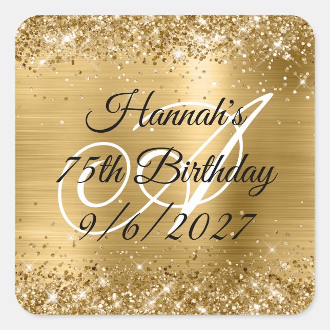 Sticker Carré Faux Gold Parties scintillant et Foil 75e annivers (Devant)
