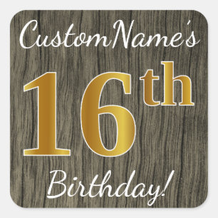 Sticker Carré Faux Wood, Faux Gold 16e anniversaire + Nom person