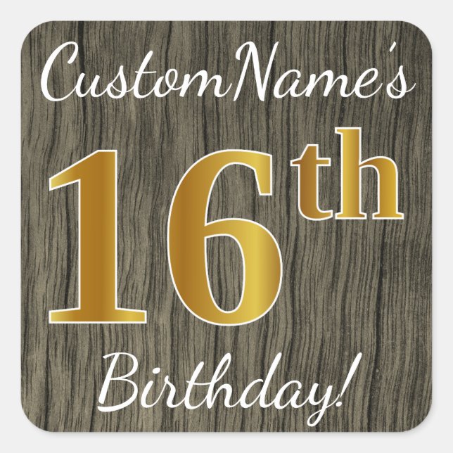 Sticker Carré Faux Wood, Faux Gold 16e anniversaire + Nom person (Devant)