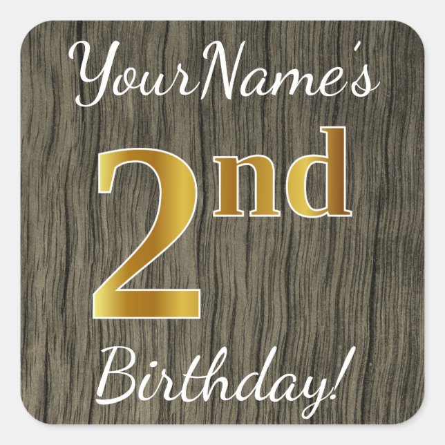 Sticker Carré Faux Wood, Faux Gold 2e anniversaire + Nom personn (Devant)