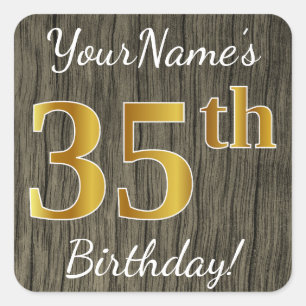 Sticker Carré Faux Wood, Faux Gold 35e anniversaire + Nom person