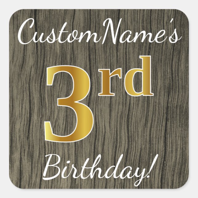 Sticker Carré Faux Wood, Faux Gold 3e anniversaire + Nom personn (Devant)