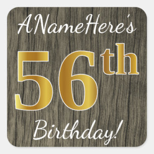 Sticker Carré Faux Wood, Faux Gold 56e anniversaire + Nom person