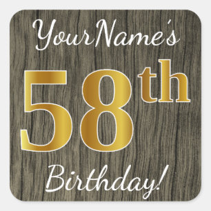 Sticker Carré Faux Wood, Faux Gold 58e anniversaire + Nom person