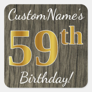 Sticker Carré Faux Wood, Faux Gold 59e anniversaire + Nom person
