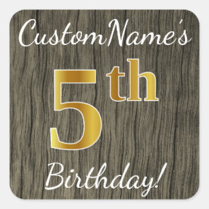 Sticker Carré Faux Wood, Faux Gold 5e anniversaire + Nom personn
