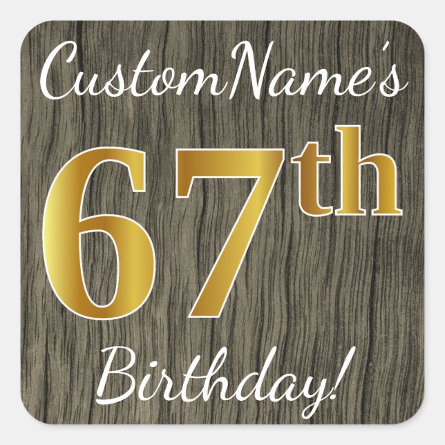 Sticker Carré Faux Wood, Faux Gold 67e anniversaire + Nom person (Devant)