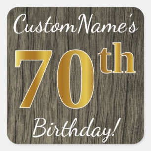 Sticker Carré Faux Wood, Faux Gold 70e anniversaire + Nom person