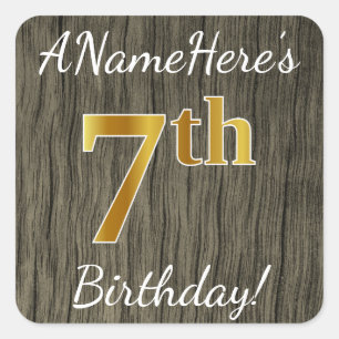Sticker Carré Faux Wood, Faux Gold 7e anniversaire + Nom personn