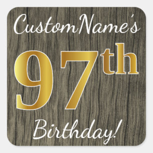 Sticker Carré Faux Wood, Faux Gold 97e anniversaire + Nom person