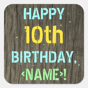 Sticker Carré Faux Wood, Peint Texte Look, 10e anniversaire + No
