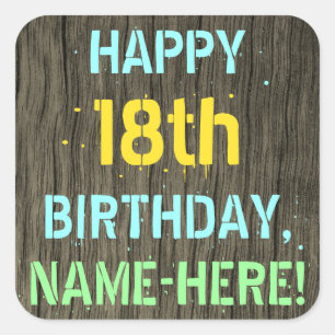 Sticker Carré Faux Wood, Peint Texte Look, 18e anniversaire + No