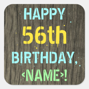 Sticker Carré Faux Wood, Peint Texte Look, 56e anniversaire + No