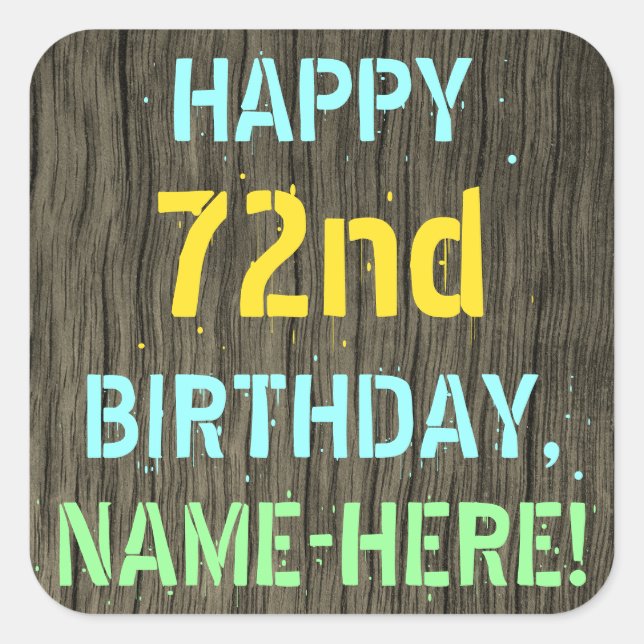 Sticker Carré Faux Wood, Peint Texte Look, 72e anniversaire + No (Devant)