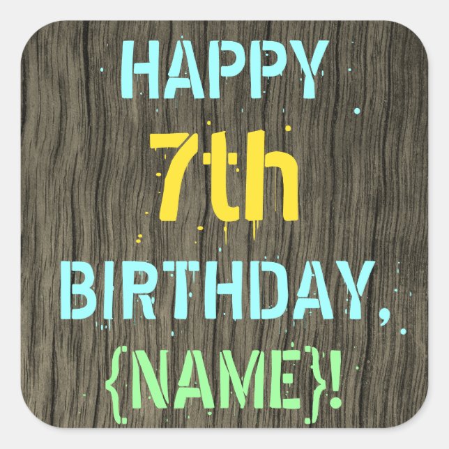 Sticker Carré Faux Wood, Peint Texte Look, 7e anniversaire + Nom (Devant)