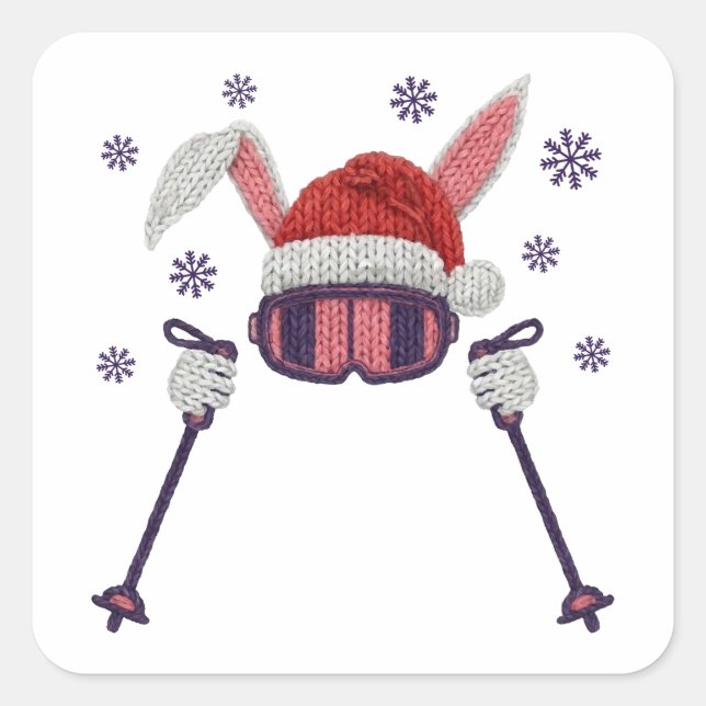 Sticker Carré Faux yarn skiing rabbit with Santa hat winter humo (Devant)