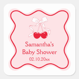 Sticker Carré Faveur de Baby Shower Cerise Sur Le Gâteau