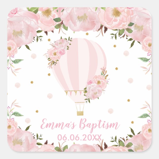 Sticker Carré Faveur de baptême Montgolfière Fleurie Teinte Rose (Devant)