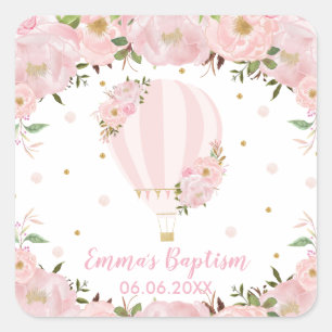 Sticker Carré Faveur de baptême Montgolfière Florale Rouge Clair