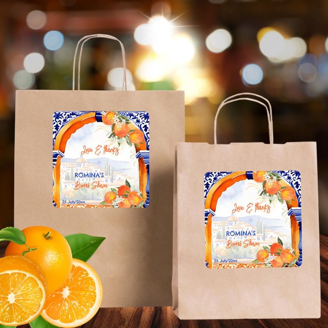 Sticker Carré Faveur de douche nuptiale espagnole azulejo bleu o (Orange blue azulejo citrus summer Spanish bridal shower thank you favor Sticker template)