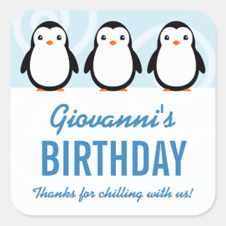 Sticker Carré Faveur de fête d'anniversaire de garçon pingouin d