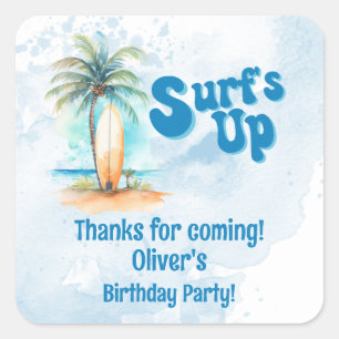 Sticker Carré Faveur de fête d'anniversaire d'été Surf's Up plag