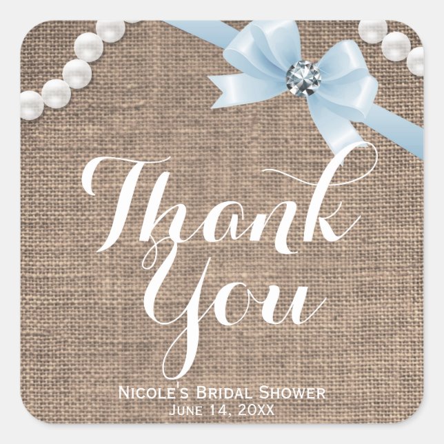 Sticker Carré Faveur de fête Glamour Burlap & Pearls Nœud Bleu (Devant)