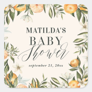 Sticker Carré Faveur de fête pour bébé Citrus, orange + fleur