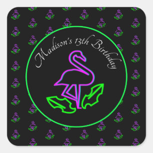 Sticker Carré Faveur de fête rose tropicale Flamingo néon
