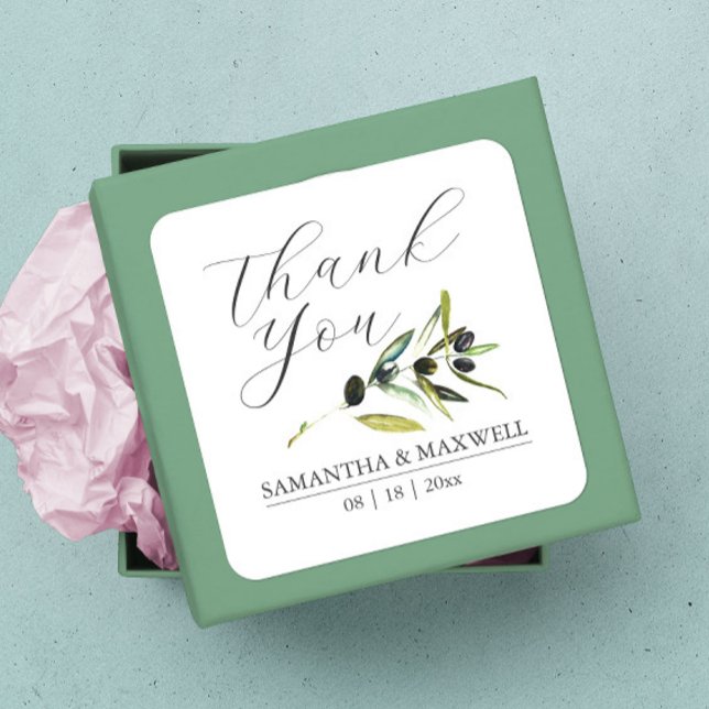Sticker Carré Faveur de mariage à la branche d'olivier à l'aquar (thank you sticker watercolor botanical olive branch wedding favors)