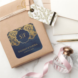 Sticker Carré Faveur de mariage à monogramme avec dentelle en fe