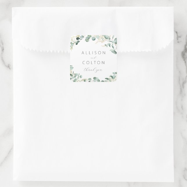 Sticker Carré Faveur de mariage bohème rustique à base d'eucalyp (Sac)