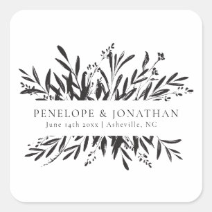 Sticker Carré Faveur de mariage botanique minimaliste noir et bl