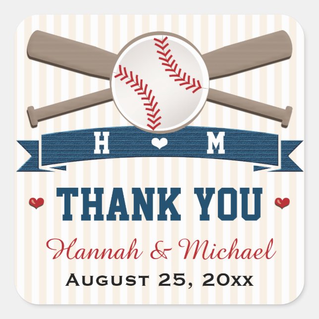 STICKER CARRÉ FAVEUR DE MARIAGE MONOGRAMME DU MERCI DE BASEBALL (Devant)