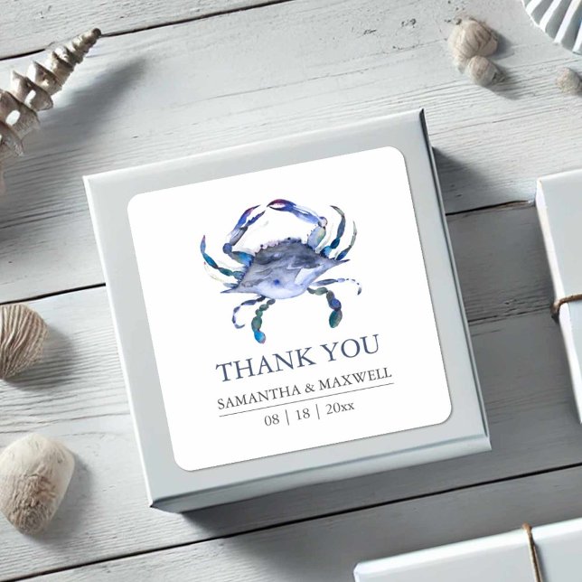Sticker Carré Faveur de remerciement de mariage à la plage au cr (Beach wedding favor stickers watercolor blue crab art by Victoria Grigaliunas of Do Tell A Belle)