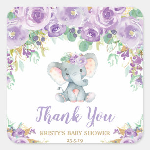 Sticker Carré Faveur de remerciement pour Baby Shower Éléphant F