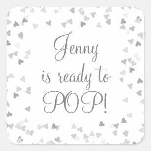 Sticker Carré Faveurs de Baby Shower Silver Hearts Elle est prêt
