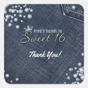 Sticker Carré Favori de fête de couronne douce 16 Denim & Diamon