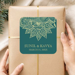 Sticker Carré Favoris de mariage indien Mehendi Henna Sea Green
