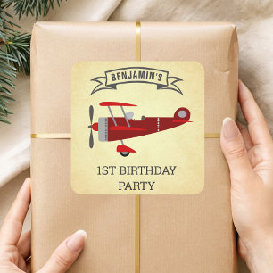 Sticker Carré Favour de fête d'anniversaire d'avion rétro rouge 