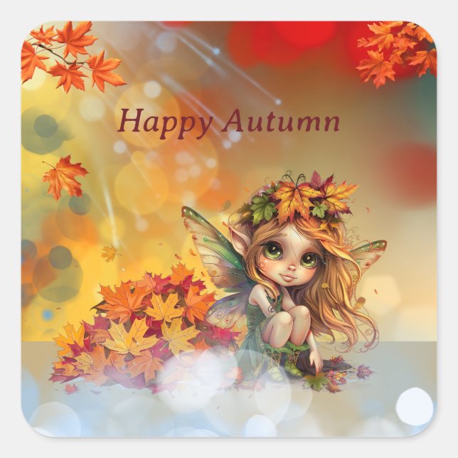 Sticker Carré Fée d'automne mignonne avec Feuilles tombés (Devant)