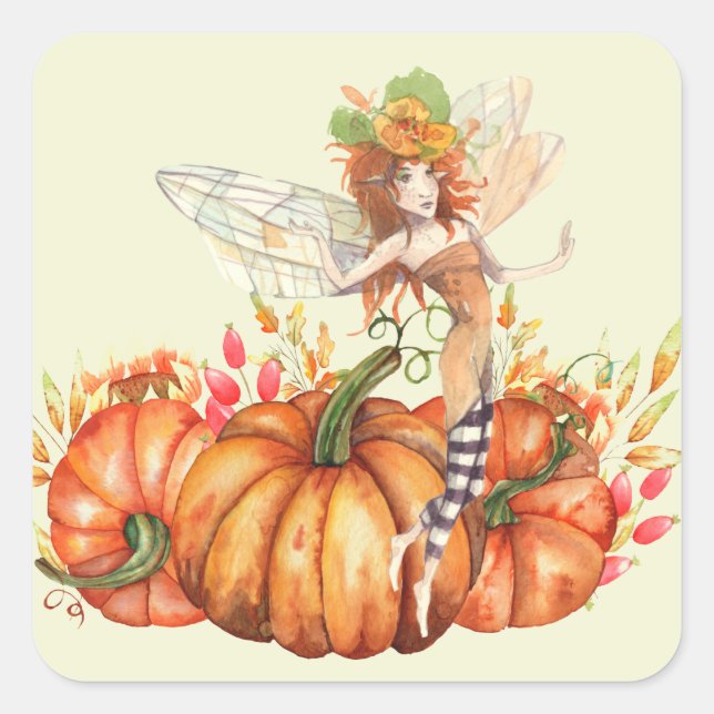 Sticker Carré Fée de forêt & Bouquet Citrouille d'automne (Devant)