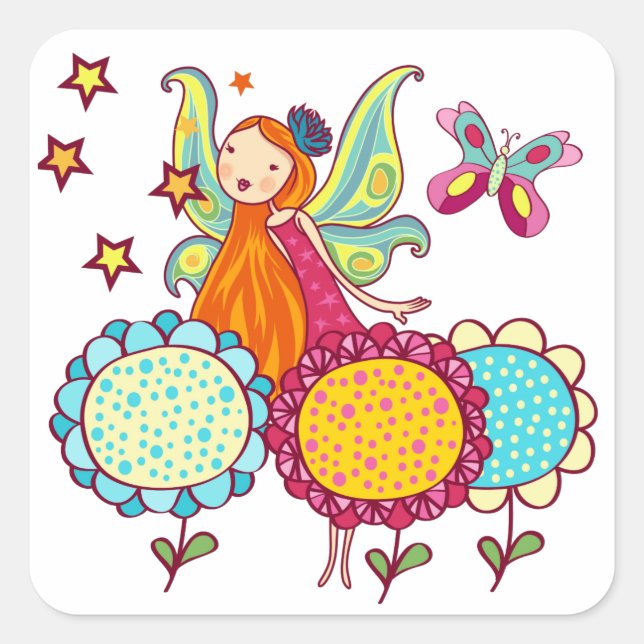 Sticker Carré Fée De Jardin Avec Fleurs (Devant)