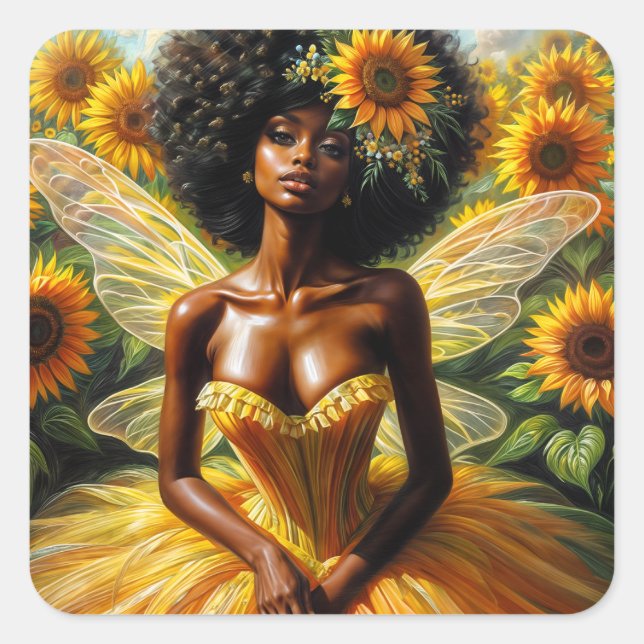 Sticker Carré Fée de tournesol à peau foncée en jaune (Devant)