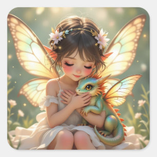 Sticker Carré Fée et Dragon Chibi Conte de Fées Anime